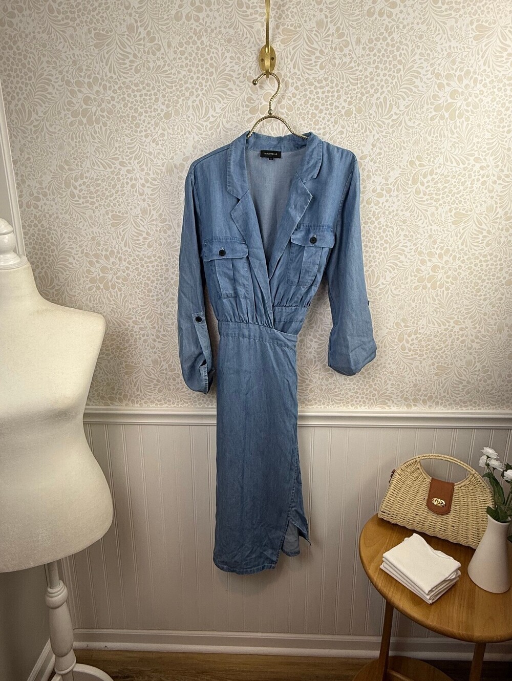 Majorelle Blue Pocket Wrap Chambray Roll Tab Midi Dress - Size - Medium